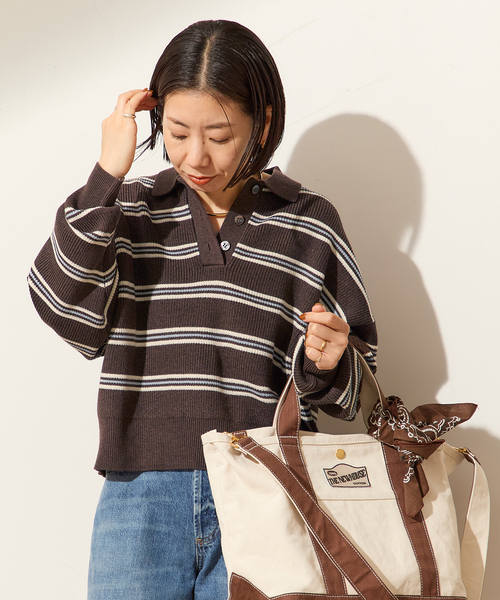 journal standard L'essage(ジャーナルスタンダードレサージュ)の「アゼボーダーポロニット(ニット/セーター・レディース・ブラック/ブラウン・FREE)」の14枚目の写真