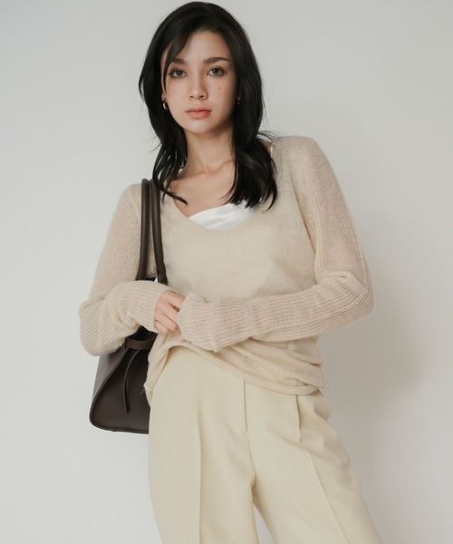 KINO THE KEI(キノザケイ)の「袖アゼシアー 2WAY ニット プルオーバー KINO THE KEI(ニット/セーター・レディース・ホワイト/ピンク/ベージュ・フリー)」の1枚目の写真