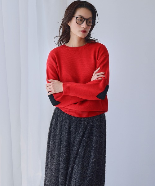 美品 ユリパーク ラウンドネックニット レアーリ エルボーパッチ風リブ編み セール】【2025AW】ハートエルボーパッチ ニット プルオーバー《着用