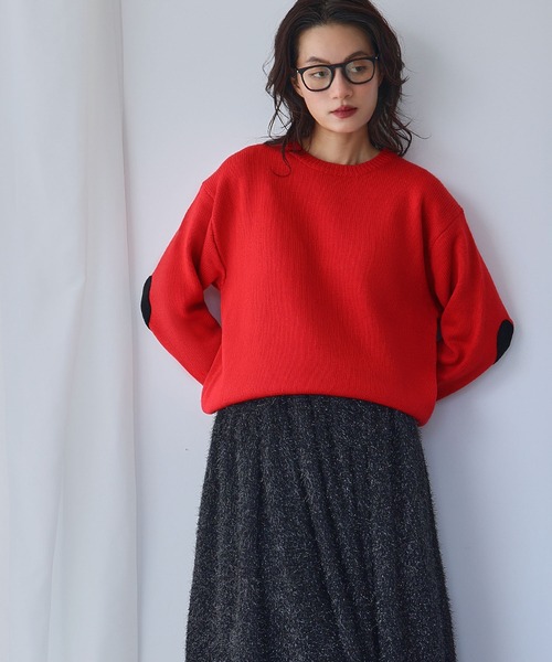 鼻セレブSTONE  フード付きニットセーター 赤 セール】アブストラクトルーズニット（ニット/セーター）｜epnok