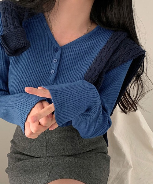 Doula Doula（ドゥーラドゥーラ）の「ヘンリーVネックリブニット（ニット/セーター・レディース・ホワイト/ベージュ/グレー/ブルー/ブラック・FREE）」の20枚目の写真