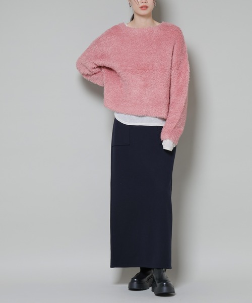 NANO universe（ナノユニバース）の「ソフトメルトンジャージーナローロングスカート(セットアップ可)（スカート・レディース・キャメル/ダークネイビー/グレー系その他4・FREE）」の3枚目の写真