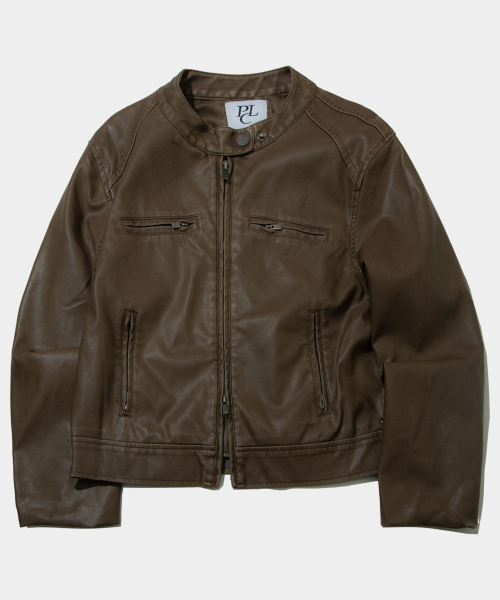PLACE STUDIO（プレイススタジオ）の「ヴィンテージピグメントウォッシングツーウェイネックボタンレザージャケットジャンパー _ 2COLOR（ライダースジャケット・レディース・ブラック/ブラウン・FREE）」の4枚目の写真