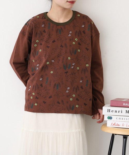 Emago（イマゴ）の「EMAGO 北欧ﾊﾞｰﾄﾞ刺繍ﾌﾟﾙｵｰﾊﾞｰ 長袖（Tシャツ/カットソー・レディース・アイボリー/ブラック/ブラウン・FREE）」の3枚目の写真