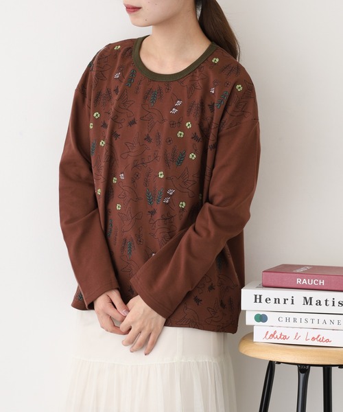 Emago（イマゴ）の「EMAGO 北欧ﾊﾞｰﾄﾞ刺繍ﾌﾟﾙｵｰﾊﾞｰ 長袖（Tシャツ/カットソー・レディース・アイボリー/ブラック/ブラウン・FREE）」の9枚目の写真