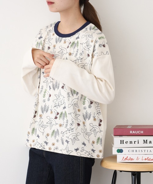 Emago（イマゴ）の「EMAGO 北欧ﾊﾞｰﾄﾞ刺繍ﾌﾟﾙｵｰﾊﾞｰ 長袖（Tシャツ/カットソー・レディース・アイボリー/ブラック/ブラウン・FREE）」の4枚目の写真