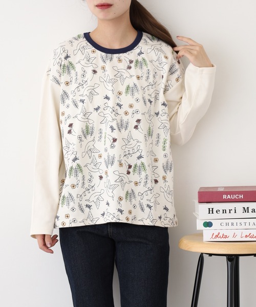 Emago（イマゴ）の「EMAGO 北欧ﾊﾞｰﾄﾞ刺繍ﾌﾟﾙｵｰﾊﾞｰ 長袖（Tシャツ/カットソー・レディース・アイボリー/ブラック/ブラウン・FREE）」の5枚目の写真