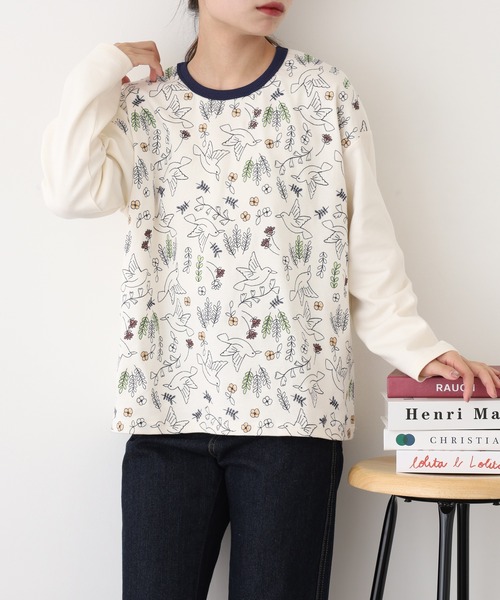 Emago（イマゴ）の「EMAGO 北欧ﾊﾞｰﾄﾞ刺繍ﾌﾟﾙｵｰﾊﾞｰ 長袖（Tシャツ/カットソー・レディース・アイボリー/ブラック/ブラウン・FREE）」の6枚目の写真