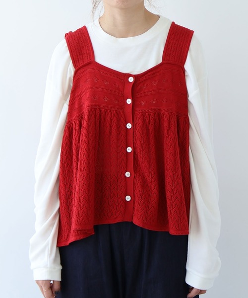 bulle de savon(ビュルデサボン)の「透かし柄 キャミビスチェ(ニット/セーター・レディース・ホワイト/レッド・FREE)」の6枚目の写真