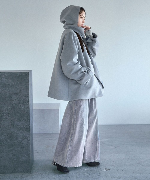 セール】フードマフラーツキミドルコート(HARE)（ノーカラーコート