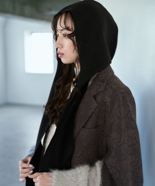 セール】フードマフラーツキミドルコート(HARE)（ノーカラーコート