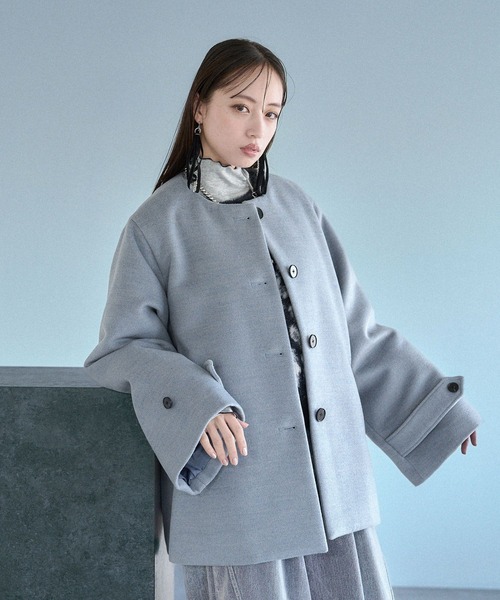 HARE（ハレ）の「フードマフラーツキミドルコート(HARE)（ノーカラーコート・レディース・ブラック/ブルー・FREE）」の22枚目の写真