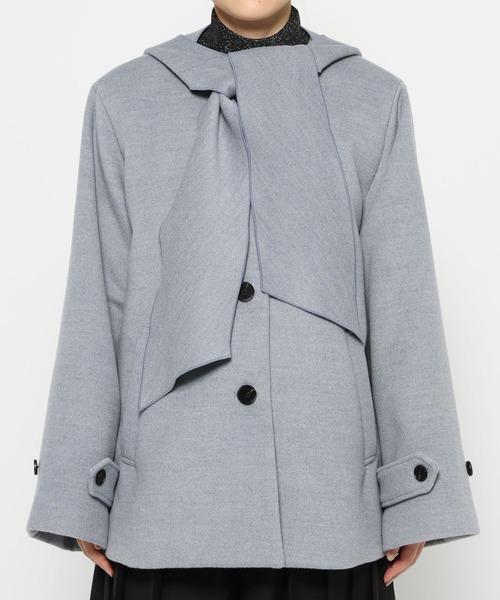 HARE（ハレ）の「フードマフラーツキミドルコート(HARE)（ノーカラーコート・レディース・ブラック/ブルー・FREE）」の16枚目の写真