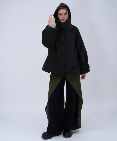 【11/15まで専用★】【美品】HARE 黒 ミディアムコート セール】フードマフラーツキミドルコート(HARE)（ノーカラーコート