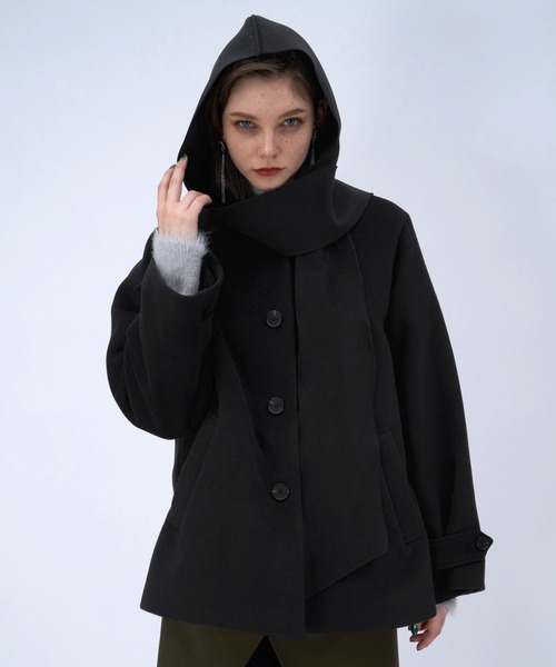 セール】フードマフラーツキミドルコート(HARE)（ノーカラーコート