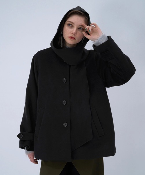 【11/15まで専用★】【美品】HARE 黒 ミディアムコート セール】フードマフラーツキミドルコート(HARE)（ノーカラーコート