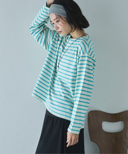 Doux archives（ドゥアルシーヴ）の「バスクボーダーロンTee（Tシャツ/カットソー・レディース・ネイビー/ピンク/サックスブルー・FREE）」の2枚目の写真