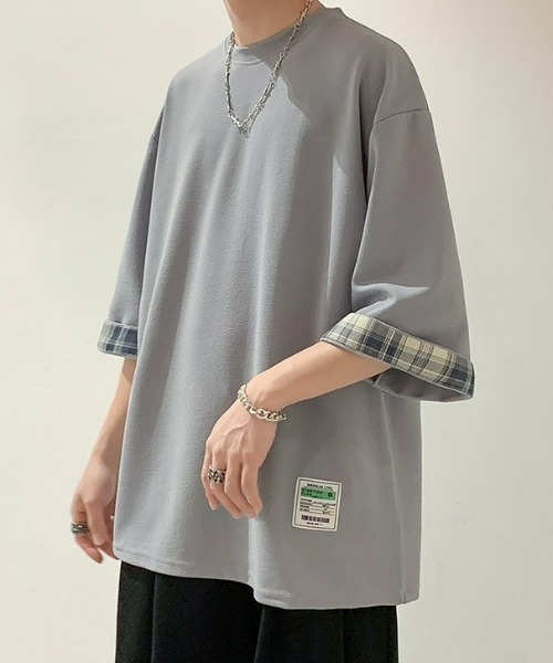 SHEPP(シープ)の「【26年春新作】タグデザインチェック切替ハーフスリーブビッグシルエットT(Tシャツ/カットソー・メンズ・ブラック/ホワイト/グレー・L/M)」の3枚目の写真