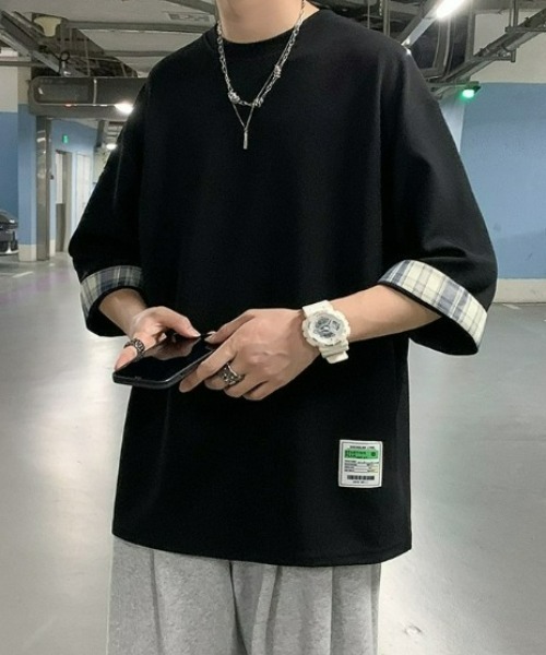 SHEPP(シープ)の「【26年春新作】タグデザインチェック切替ハーフスリーブビッグシルエットT(Tシャツ/カットソー・メンズ・ブラック/ホワイト/グレー・L/M)」の2枚目の写真