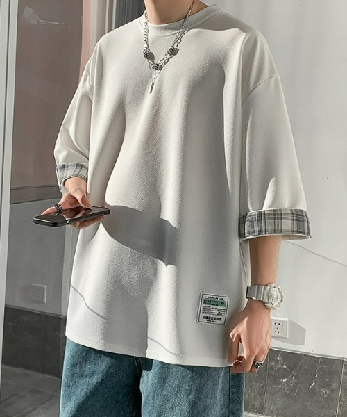 SHEPP(シープ)の「【26年春新作】タグデザインチェック切替ハーフスリーブビッグシルエットT(Tシャツ/カットソー・メンズ・ブラック/ホワイト/グレー・L/M)」の10枚目の写真
