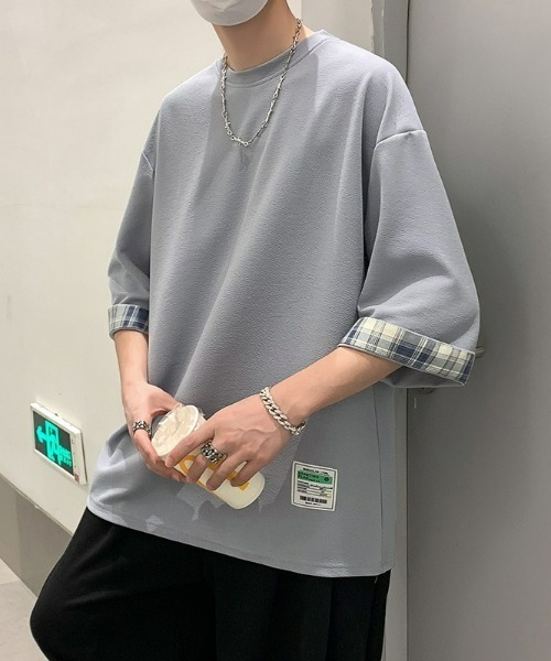SHEPP(シープ)の「【26年春新作】タグデザインチェック切替ハーフスリーブビッグシルエットT(Tシャツ/カットソー・メンズ・ブラック/ホワイト/グレー・L/M)」の17枚目の写真