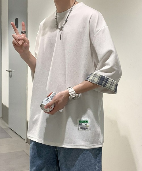 SHEPP(シープ)の「【26年春新作】タグデザインチェック切替ハーフスリーブビッグシルエットT(Tシャツ/カットソー・メンズ・ブラック/ホワイト/グレー・L/M)」の11枚目の写真