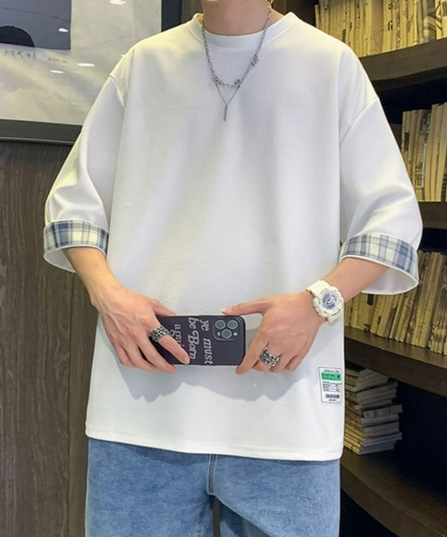 SHEPP(シープ)の「【26年春新作】タグデザインチェック切替ハーフスリーブビッグシルエットT(Tシャツ/カットソー・メンズ・ブラック/ホワイト/グレー・L/M)」の12枚目の写真