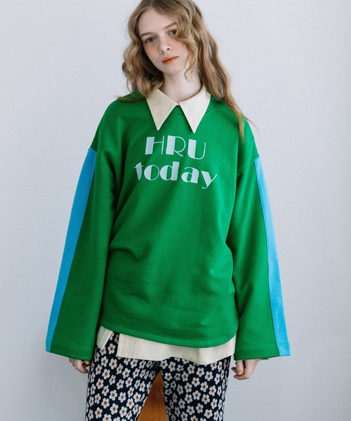 POU DOU DOU(プードゥドゥ)の「HRUプリント袖ライン裏毛プルオーバー(Tシャツ/カットソー・レディース・グレー/オートミール/グリーン・3)」の3枚目の写真