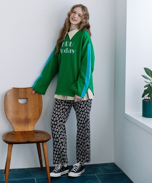 POU DOU DOU(プードゥドゥ)の「HRUプリント袖ライン裏毛プルオーバー(Tシャツ/カットソー・レディース・グレー/オートミール/グリーン・3)」の5枚目の写真