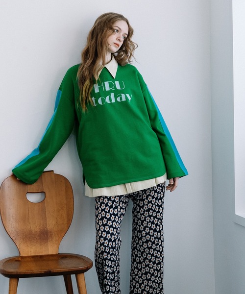 POU DOU DOU(プードゥドゥ)の「HRUプリント袖ライン裏毛プルオーバー(Tシャツ/カットソー・レディース・グレー/オートミール/グリーン・3)」の7枚目の写真