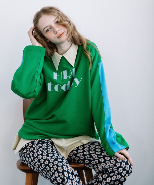 POU DOU DOU(プードゥドゥ)の「HRUプリント袖ライン裏毛プルオーバー(Tシャツ/カットソー・レディース・グレー/オートミール/グリーン・3)」の8枚目の写真