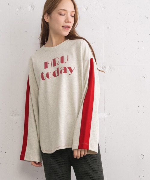 POU DOU DOU(プードゥドゥ)の「HRUプリント袖ライン裏毛プルオーバー(Tシャツ/カットソー・レディース・グレー/オートミール/グリーン・3)」の12枚目の写真