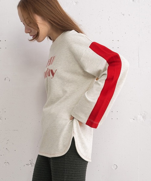 POU DOU DOU(プードゥドゥ)の「HRUプリント袖ライン裏毛プルオーバー(Tシャツ/カットソー・レディース・グレー/オートミール/グリーン・3)」の13枚目の写真