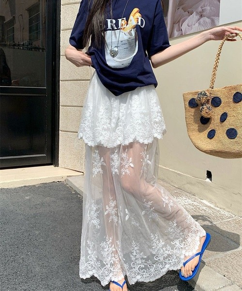 AsheKsha(アシクシャ)の「レースハイウエストチュールロングスカート(スカート・レディース・ホワイト/ブラック/ベージュ・M)」の1枚目の写真