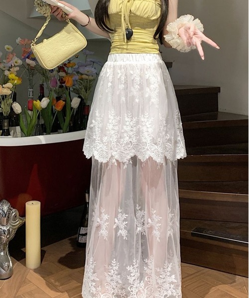 AsheKsha(アシクシャ)の「レースハイウエストチュールロングスカート(スカート・レディース・ホワイト/ブラック/ベージュ・M)」の4枚目の写真