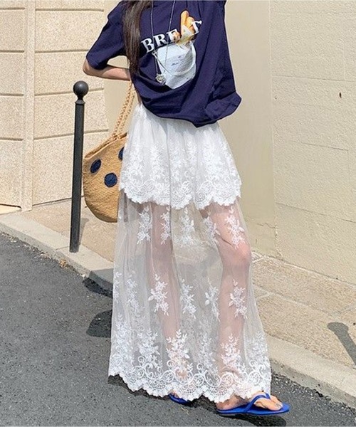 AsheKsha(アシクシャ)の「レースハイウエストチュールロングスカート(スカート・レディース・ホワイト/ブラック/ベージュ・M)」の6枚目の写真