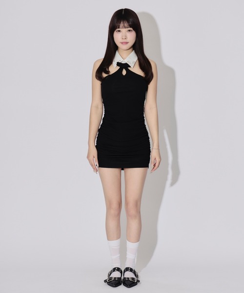 ALLuRing ChaRm(アリュリングチャーム)の「Shirt Collar Cutout Mini Dress / シャツカラーカットアウトミニワンピース カップ付(ワンピース・レディース・ブラック・FREE)」の6枚目の写真