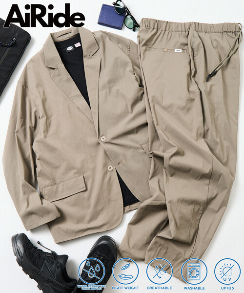 FREAK'S STORE（フリークスストア）の「限定展開 AiRide/エアライド リラックスフィット ポケッタブルトラベルセットアップ/テーラードジャケット/ワイドテーパードパンツ/吸水速乾/UVカット（セットアップ・メンズ・ブラック/グレイッシュベージュ/ネイビー/チャコールグレー・LARGE/MEDIUM/SMALL）」の4枚目の写真