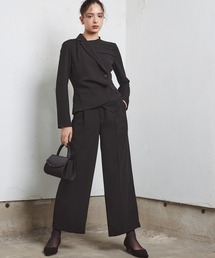Callarus Black Formal | 前開きアシメジャケットドッキングデザインブラウス+ワイドパンツセットアップ〔Callarus〕洗える防しわ(スーツセット)