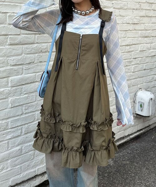 CIAOPANIC（チャオパニック）の「フリルミリタリーミドルジャンスカ（チュニック・レディース・ブラック/カーキ/ベージュ・ONE SIZE）」の3枚目の写真