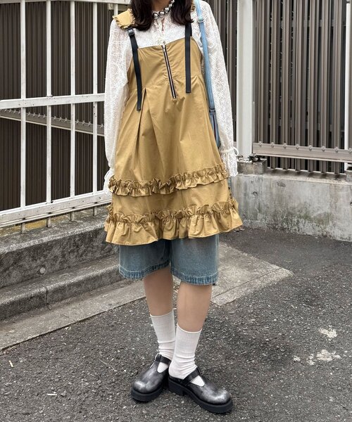 CIAOPANIC（チャオパニック）の「フリルミリタリーミドルジャンスカ（チュニック・レディース・ブラック/カーキ/ベージュ・ONE SIZE）」の4枚目の写真