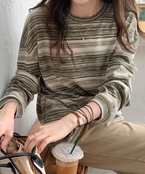 mielu(ミエル)の「マルチボーダーロンT(Tシャツ/カットソー・レディース・ブルー/ブラック/カーキ・LARGE/MEDIUM)」の3枚目の写真