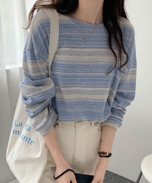 mielu(ミエル)の「マルチボーダーロンT(Tシャツ/カットソー・レディース・ブルー/ブラック/カーキ・LARGE/MEDIUM)」の1枚目の写真