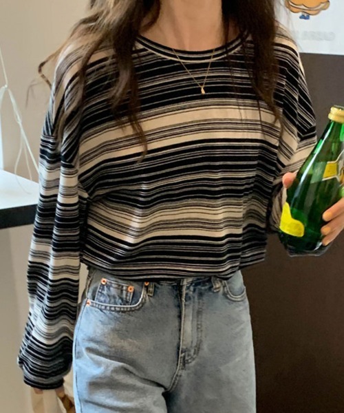 mielu(ミエル)の「マルチボーダーロンT(Tシャツ/カットソー・レディース・ブルー/ブラック/カーキ・LARGE/MEDIUM)」の2枚目の写真
