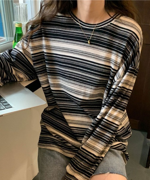 mielu(ミエル)の「マルチボーダーロンT(Tシャツ/カットソー・レディース・ブルー/ブラック/カーキ・LARGE/MEDIUM)」の16枚目の写真