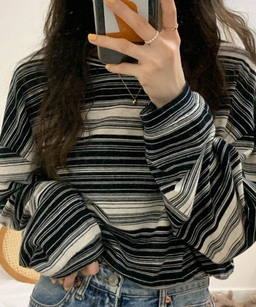 mielu(ミエル)の「マルチボーダーロンT(Tシャツ/カットソー・レディース・ブルー/ブラック/カーキ・LARGE/MEDIUM)」の5枚目の写真
