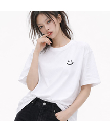 [ユニセックス]スモールドローイングスマイル半袖Tシャツ_ホワイト/ブラックロゴ