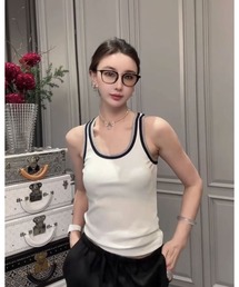 パット付きダブルラインリブタンクトップ