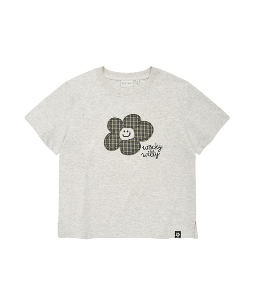 Wacky WiLLy(ワッキーウィリー)の「WOMEN'S CHECK LILY SEMI CROP SHORT SLEEVE T-SHIRT(Tシャツ/カットソー・レディース・ホワイト/ネイビー/オートミール・SMALL/MEDIUM)」の2枚目の写真
