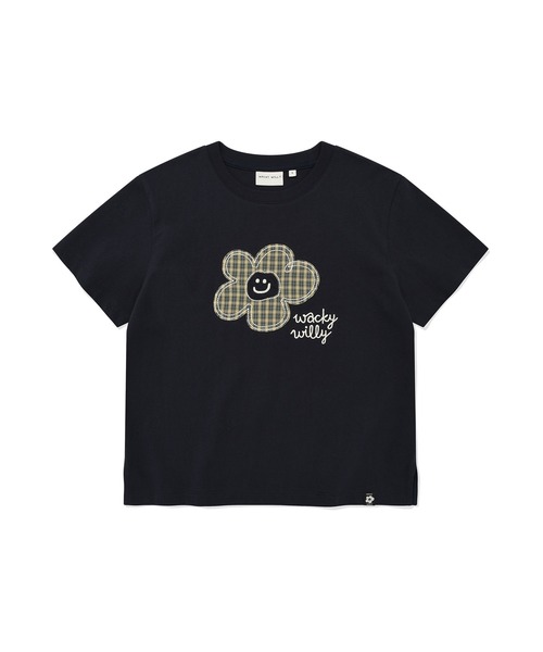 Wacky WiLLy(ワッキーウィリー)の「WOMEN'S CHECK LILY SEMI CROP SHORT SLEEVE T-SHIRT(Tシャツ/カットソー・レディース・ホワイト/ネイビー/オートミール・SMALL/MEDIUM)」の3枚目の写真